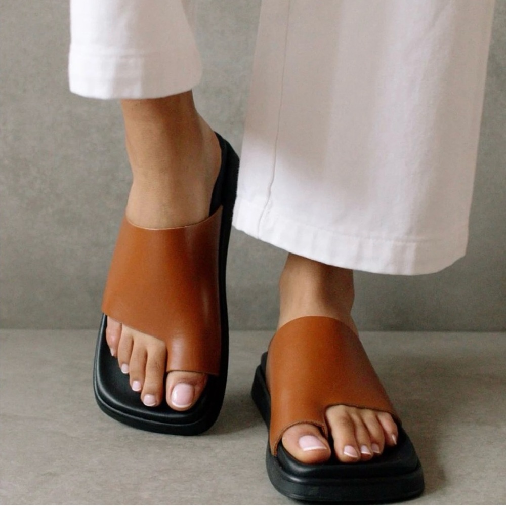 ALOHAS Tan and Brown Leather Slide Sandals